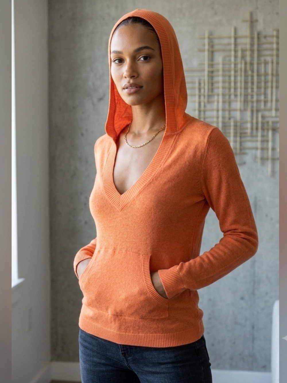 Moth x Anthropologie V Neck Lightweight Hoodie Orange Small.